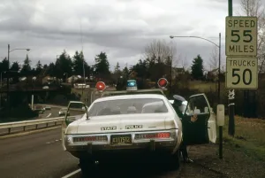Gasoline Prints: Oregon State Police stops a driver who exceeded the new 55 MPH national speed limit imposed to conserve gasoline