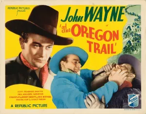 1936 Movies Prints: THE OREGON TRAIL, lobbycard, John Wayne (left and center), Harry Harvey (right), 1936
