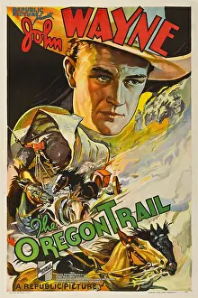 Covered Wagon Prints: THE OREGON TRAIL, (poster art), John Wayne, 1936