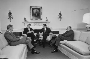 Mitchell Prints: Oval Office meeting with California Governor Ronald Reagan and newly inaugurated President Nixon