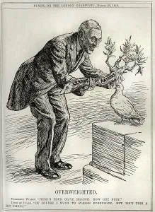 Reform Prints: OVERWEIGHTED, 1919 political cartoon of Woodrow Wilson handing small dove in a huge olive branch labeled League of