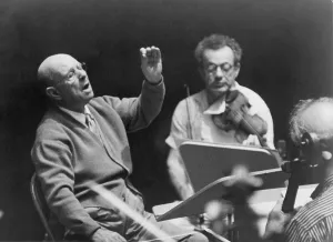 Casals Prints: Pablo Casals (1876-1973), virtuoso cellist conducting musicians in 1960