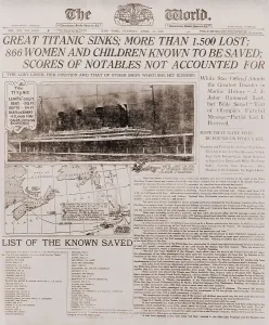 Deaths Prints: Front page of The New York WORLD of April16, 1912, headlining the sinking of the Titanic