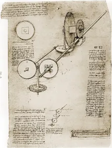 Leonardo Prints: Page from the notebooks of Leonardo da Vinci (1452-1519) showing geared device assembled