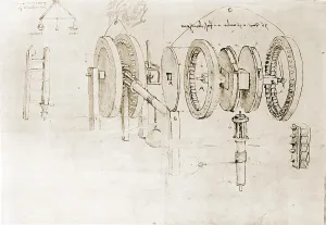 Leonardo Prints: Page from the notebooks of Leonardo da Vinci (1452-1519) showing a geared device disassembled