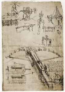 Leonardo Prints: Page from the notebooks of Leonardo da Vinci (1452-1519) showing giant crossbow. Ca. 1500