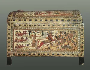 Furnitures Prints: Painted chest depicting a king on his chariot attacking an enemy