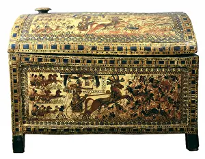 Furnitures Prints: Painted chest depicting a king on his chariot attacking an enemy