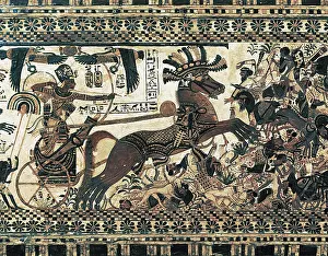 Furnitures Prints: Painted chest depicting a king on his chariot attacking an enemy