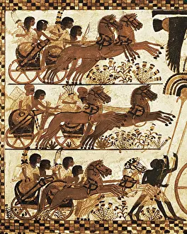 Furnitures Prints: Painted chest depicting a king on his chariot attacking an enemy