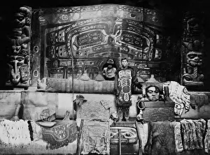 Costumes Prints: Painted relief carvings and sculpture decorate the Interior of Chief Klart-Reech's Whale House