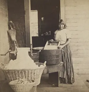 1870s Prints: Paiute Squaw does laundry at her Yosemite Valley home using a manufactured scrubbing board and crank wringer in 1870