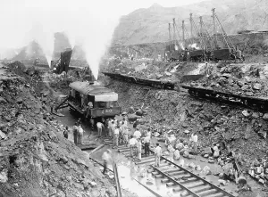 Digging Prints: Panama Canal construction cutting through the mountains of the continental divide with steam powered machinery