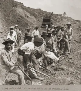 Excavation Prints: Panamanian laborers at work with shovels during Panama Canal construction. 1909