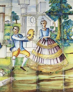 Tambourine Prints: Panel of Valencian glazed tiles with musical scene (18th c)