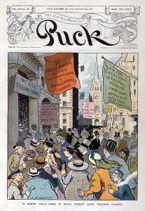 Wall Street Prints: Panic of 1907. Illustration shows a throng of people on Wall Street rushing to purchase stocks from trading houses that