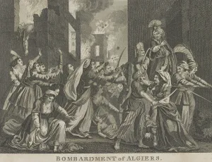 Christians Prints: Panic, fighting, and death in the streets of Algiers during bombardment by Spanish and allied warships from Portugal