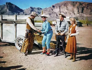 Chaps Prints: PARDNERS, from left: Jeff Morrow, Jerry Lewis, Dean Martin, Lori Nelson, 1956