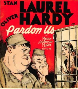 Hardy Prints: PARDON US, from left: Oliver Hardy, Stan Laurel on window card, 1931