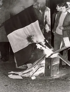 Social Movement Prints: Paris. May 1968. Students burning a French banner