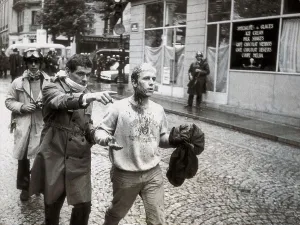 Social Movement Prints: Paris. May 68. Wounded young going towards an ambulance after the incidents in the Latin Quarter