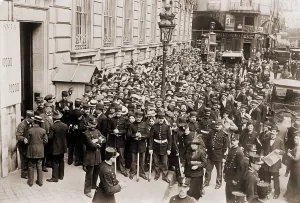 Panic Prints: Paris police hold back a crowd making a run on a French bank. Ca. 1905-1915