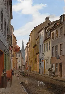 Dogs Prints: PAROCHIALSTRASSE IN BERLIN, by Eduard Gaertner, 1831, German painting, oil on canvas