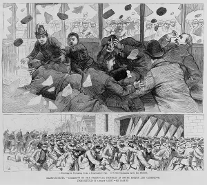 Riots Prints: Passengers inside a South Boston Street car are showered with broken glasses as strikers throw rocks