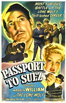 Savage Prints: PASSPORT TO SUEZ, US poster, from top: Warren William, Ann Savage, Eric Blore, 1943