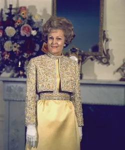 Bouffant Prints: Patricia Nixon models her Harvey Berin inaugural gown in the Nixon's New York apartment on Jan 16 1969