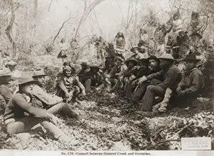 Crook Prints: The peace Council between Geronimo (in bandana) and General Crook (in pith helmet)