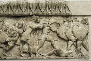 Pediment and frieze from the treasury of the Siphnians. ca. 525 BC. Detail of the northern frieze