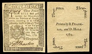 1760s Prints: Front and back side of a three pence Colonial note of paper currency issued by the Province of Pennsylvania