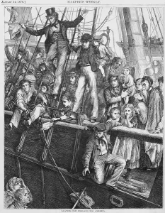 Steamers Prints: People on a ship deck waving as they depart England for North America