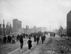 Pedestrians Prints: People walk on Market St. toward the ferry to leave San Francisco after the April 1906 earthquake