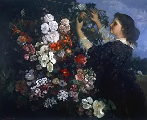 The pergola, by Gustave Courbet, 1862, 19th Century, oil on canvas, 109, 8 x 135, 2 cm - USA, Toledo, Toledo Museum of Art. Whole artwork view. A woman fixes flowers up a pergola