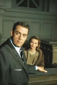 PERRY MASON, from left: Raymond Burr, Bethel Leslie, The Case of the Purple Woman, (Season 2, Episode 209, aired December 6, 1958), 1957-1966