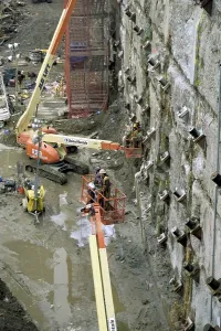 Twin Towers Prints: Personnel at Ground Zero tie back and reinforce the exposed slurry wall on March 15, 2002