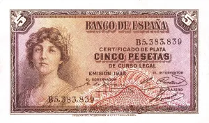 Coin Prints: Five pesetas bill (Spain1935). AISA/Everett Collection (36297)**US SALES ONLY**