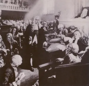 Lawyers Prints: Peter Zenger's Philadelphia lawyer, Andrew Hamilton, defying court protocol