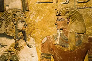 Ancient Egyptian Religion Prints: Pharaoh Seti I and god Osiris. Piece of a column