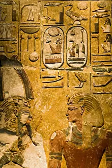 Pharaoh Seti I and god Osiris. Piece of a column. 1290 BC. Egyptian art. New Kingdom. Painting; Relief. GERMANY. Berlin. Altes Museum