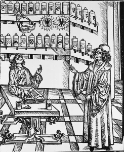Woodcut Prints: A pharmaceutical lesson showing the master