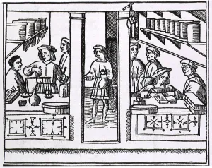 Chemicals Prints: Pharmacy scene from the title page of a Latin version of Galen's RECETARIO DE GALIENO