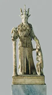PHIDIAS (490 -431 BC). Varvakeion Athena. 448 BC. Roman copy of 2nd c. AD of the original chryselephantine statue, the Athena Parthenos. Classical Greek art. Sculpture on marble