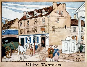 1700s Prints: Philadelphia, colonial inn, the City Tavern, halftone print, Pennsylvania, circa 1908