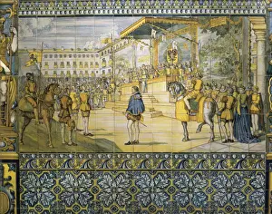 PHILIP II of Spain (1527-1598). Party in Valladolid in tribute to Philip II (May 1559). Tile panel from the School of Talavera. Ceramics. SPAIN. CASTILE AND LEON. Valladolid