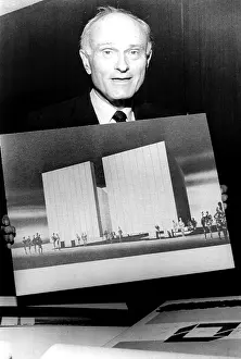 Architect Prints: PHILIP JOHNSON holding his design for the John F
