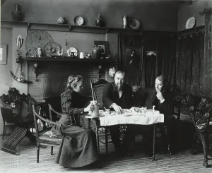 Washington D Prints: Photographer Frances Benjamin Johnston (1964-1952) having tea with writer Elbert Hubbard (1856-1915) (far right)