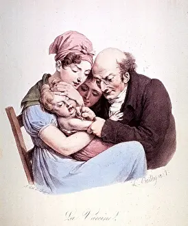 Vaccines Prints: A physician inoculating a young child against smallpox while held in the arms of its mother